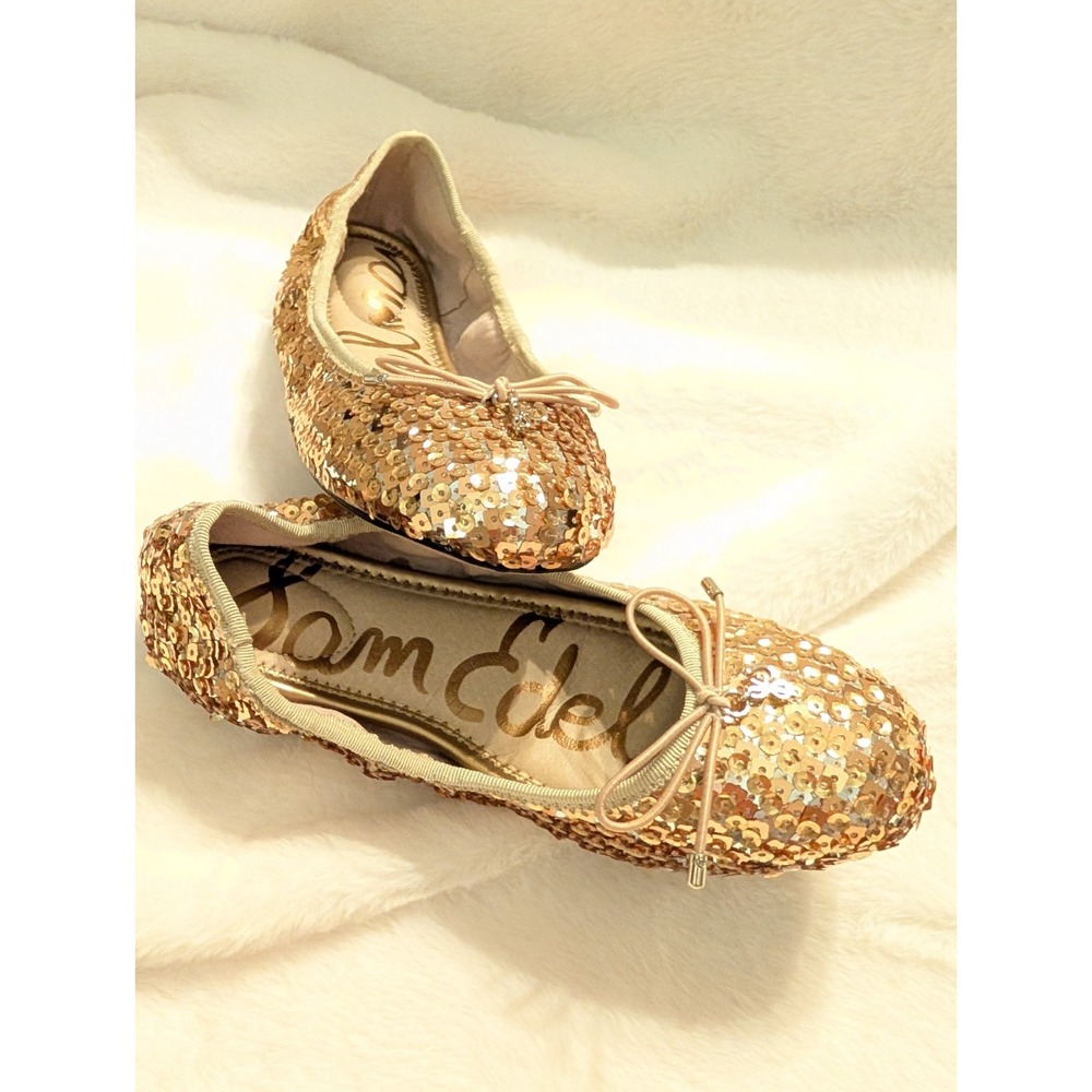 Sam Edelman Gold Sequin Ballet Flats Embellished Bow Sparkle Party Shoes Girls 2